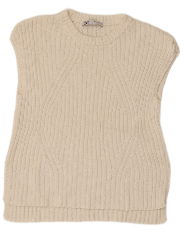 Zara Dame Vest Tank Top UK 12 Medium White Bomuld