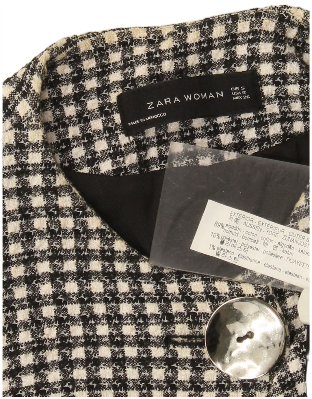 Zara Dame 1 knap 3/4 ærmet blazerjakke UK 10 Small Black Check