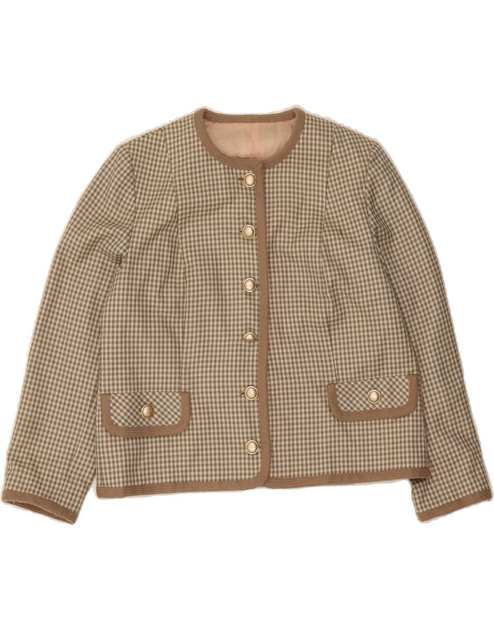 VINTAGE Womens 6 Button Blazer Jacket UK 14 Medium Beige Houndstooth Vintage Vintage and Second-Hand Vintage from Messina Hembry 