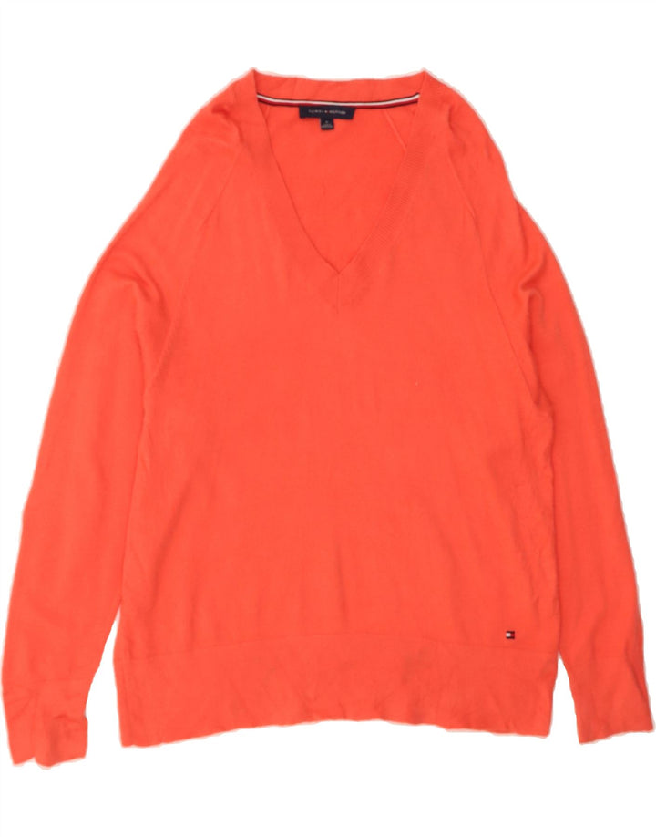 TOMMY HILFIGER Womens V-Neck Jumper Sweater UK 14 Medium Orange Viscose Vintage Tommy Hilfiger and Second-Hand Tommy Hilfiger from Messina Hembry 