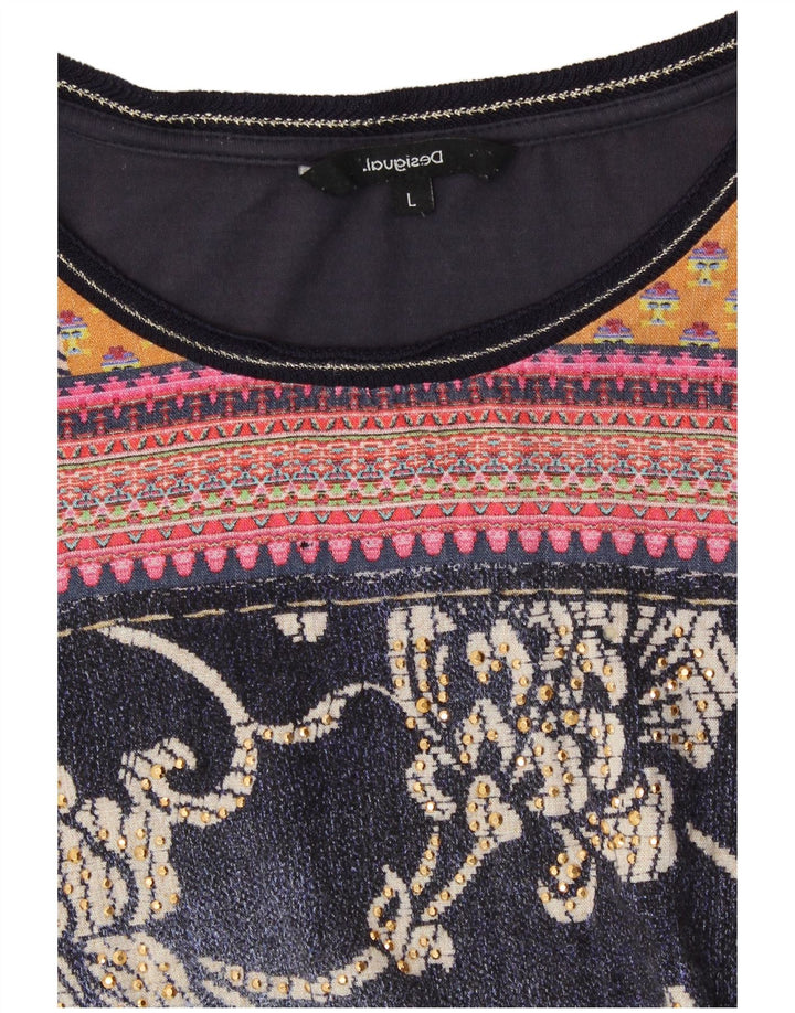 DESIGUAL Kvinders grafisk top 3/4 ærmer UK 14 Large Grey Floral