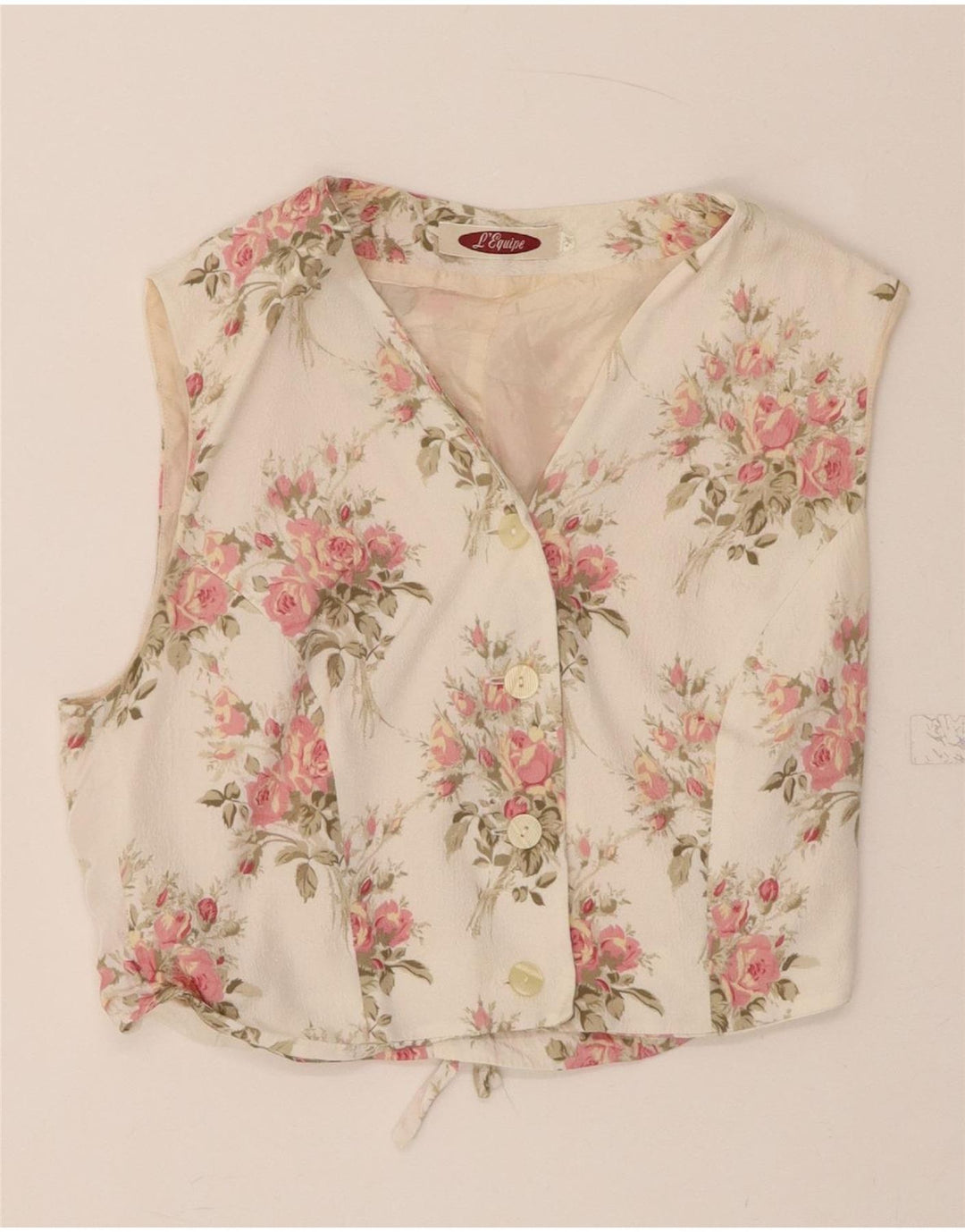L'EQUIPE Womens Crop Sleeveless Shirt Blouse UK 12 Medium Pink Floral Vintage L'Equipe and Second-Hand L'Equipe from Messina Hembry 
