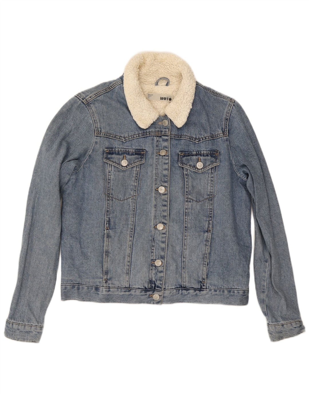 Topshop Dame Sherpa Denim Jakke UK 12 Medium Blue Bomuld