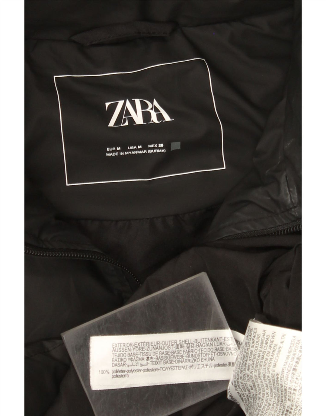 Zara Dame Hætte Ærmeløs Polstret Frakke UK 14 Medium Sort Polyester