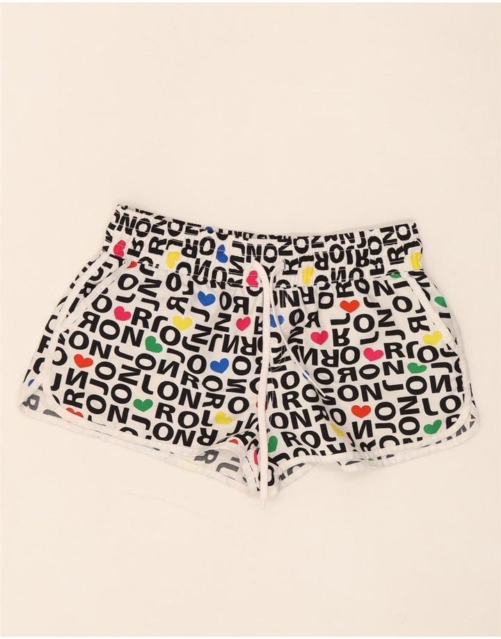 VINTAGE Womens Graphic Sport Shorts UK 18 XL White Polyester Vintage Vintage and Second-Hand Vintage from Messina Hembry 