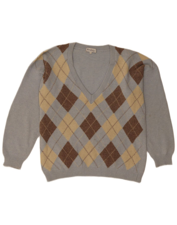 Vintage Dame V-hals sweater UK 18 XL Blå Argyle/Diamond