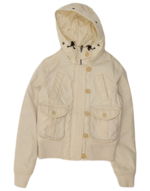 Woolrich Polstret Bomberjakke med hætte til kvinder UK 14 Medium Off White Nylon
