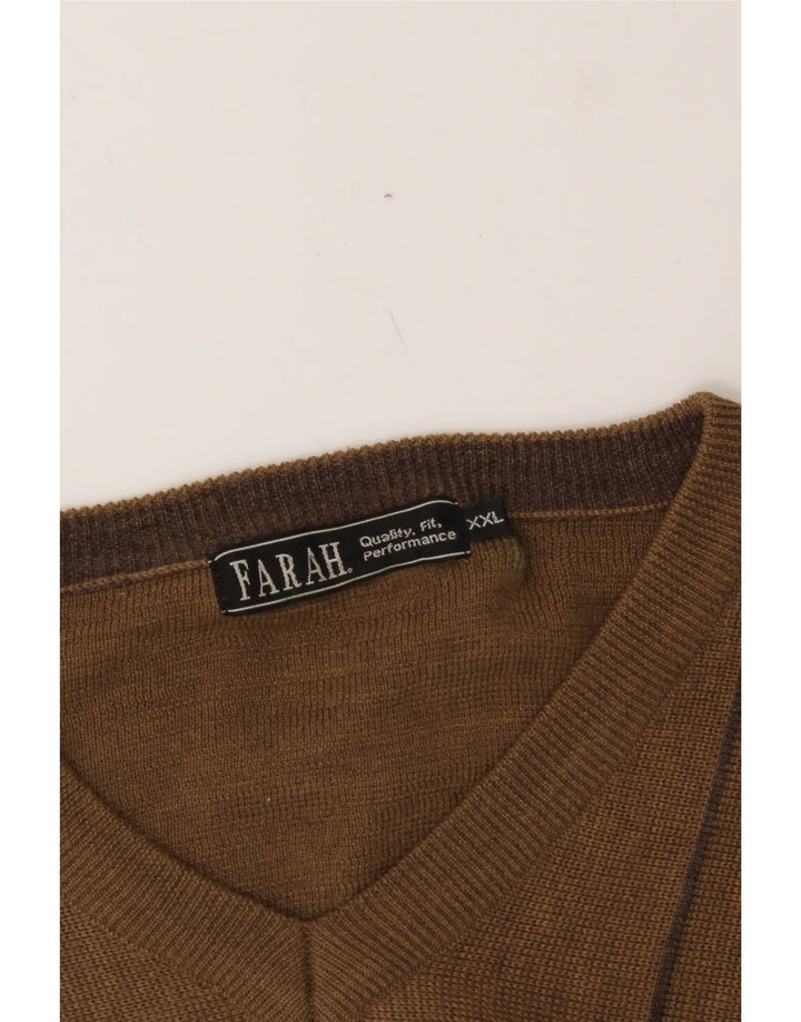 FARAH Mens V-Neck Jumper Sweater 2XL Brown Striped Acrylic Vintage Farah and Second-Hand Farah from Messina Hembry 