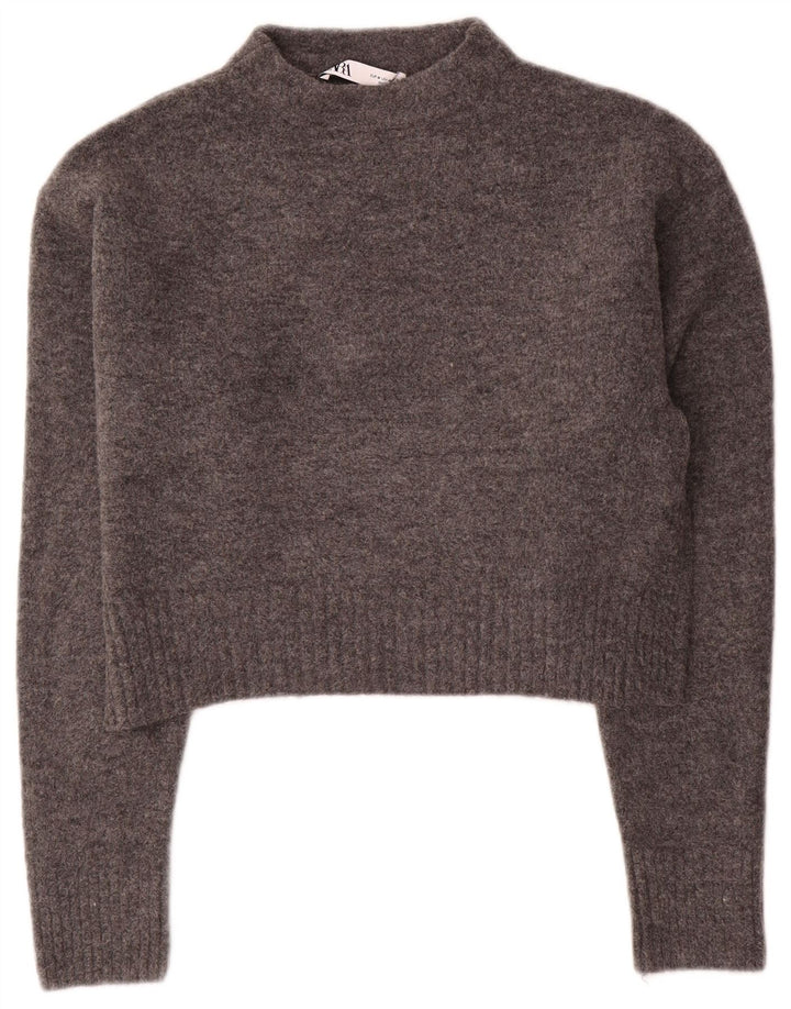 Zara Womens Crop Turtle Neck Jumper Sweater UK 14 Medium Grey Akryl