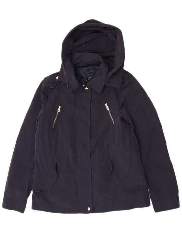 Zara Military Bomber Jacket med hætte til kvinder UK 14 Medium Navy Blue Polyester