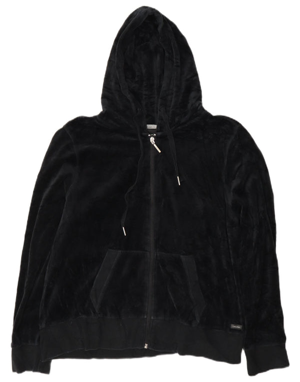Calvin Klein Dame Velvet Zip Hoodie Sweater UK 18 XL Sort Bomuld