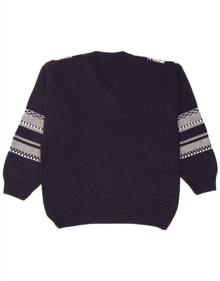 Vintage herre V-hals sweater stor marineblå stribet polyakryl