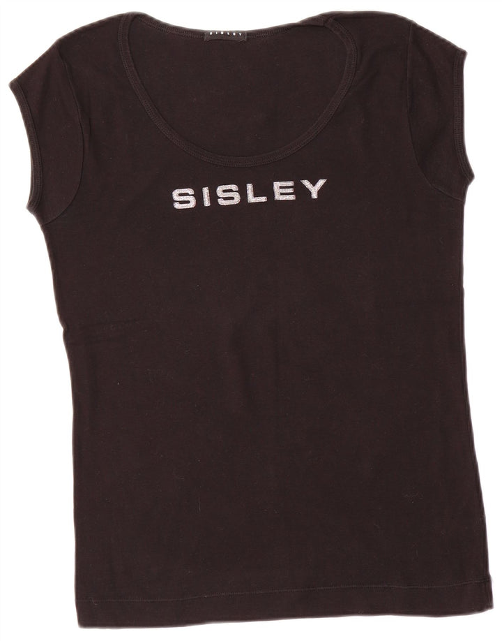 SISLEY Dame Grafisk T-Shirt Top UK 14 Stor Sort Bomuld
