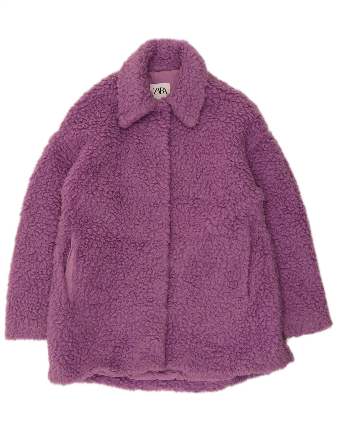 Zara Dame Bamse Oversized Overfrakke UK 6 XS Lilla Akryl