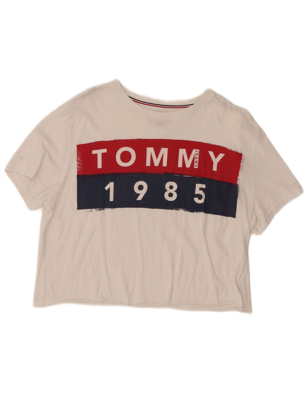 TOMMY HILFIGER Dame Crop Grafisk T-Shirt Top UK 16 Large White