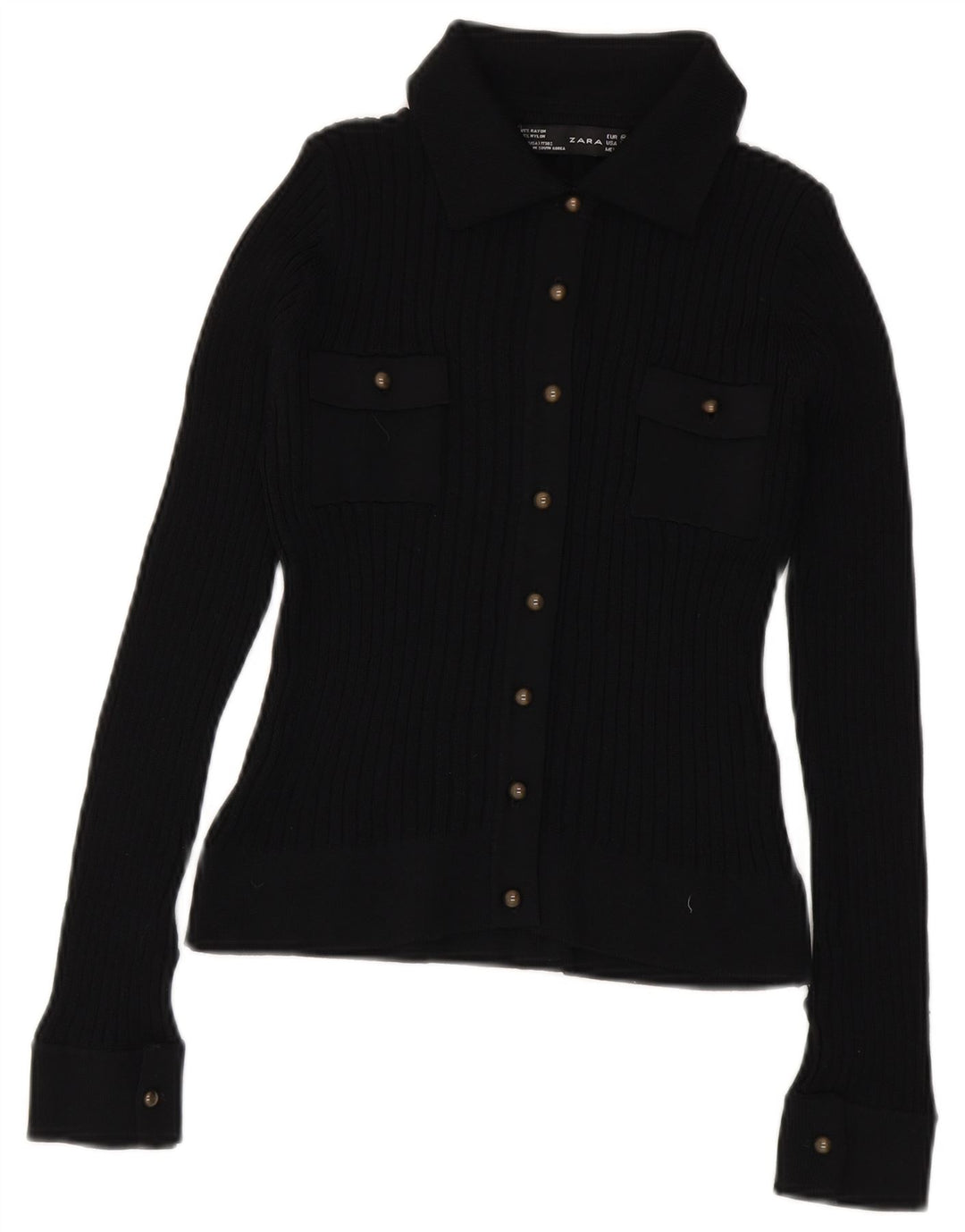 Zara Womens Crop Knit Shirt Bluse UK 12 Medium Black Rayon