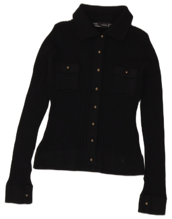 Zara Womens Crop Knit Shirt Bluse UK 12 Medium Black Rayon