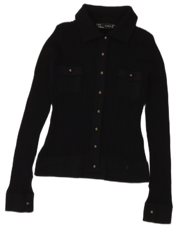 Zara Womens Crop Knit Shirt Bluse UK 12 Medium Black Rayon