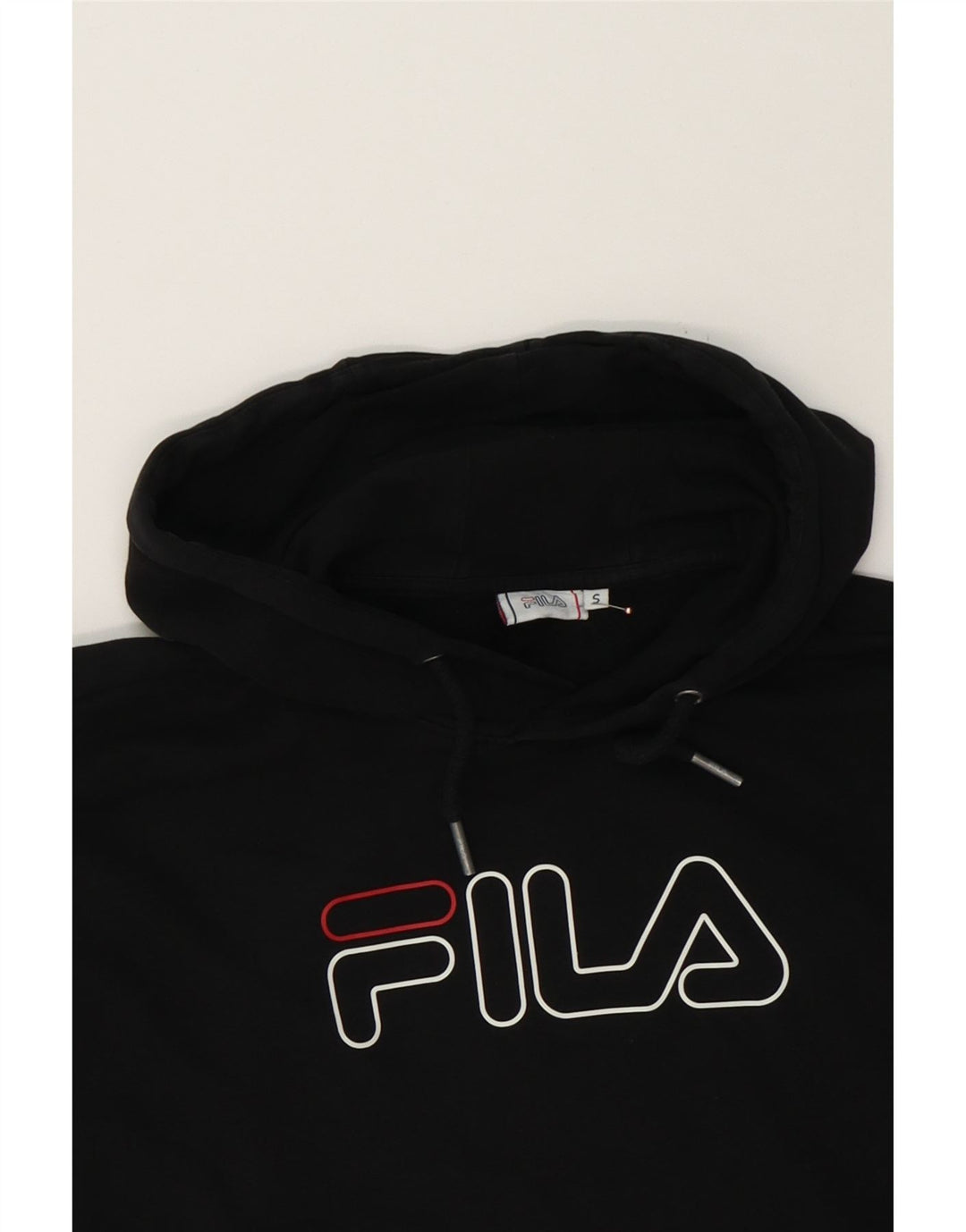 FILA Mens Graphic Hoodie Jumper Small Black Cotton Vintage Fila and Second-Hand Fila from Messina Hembry 