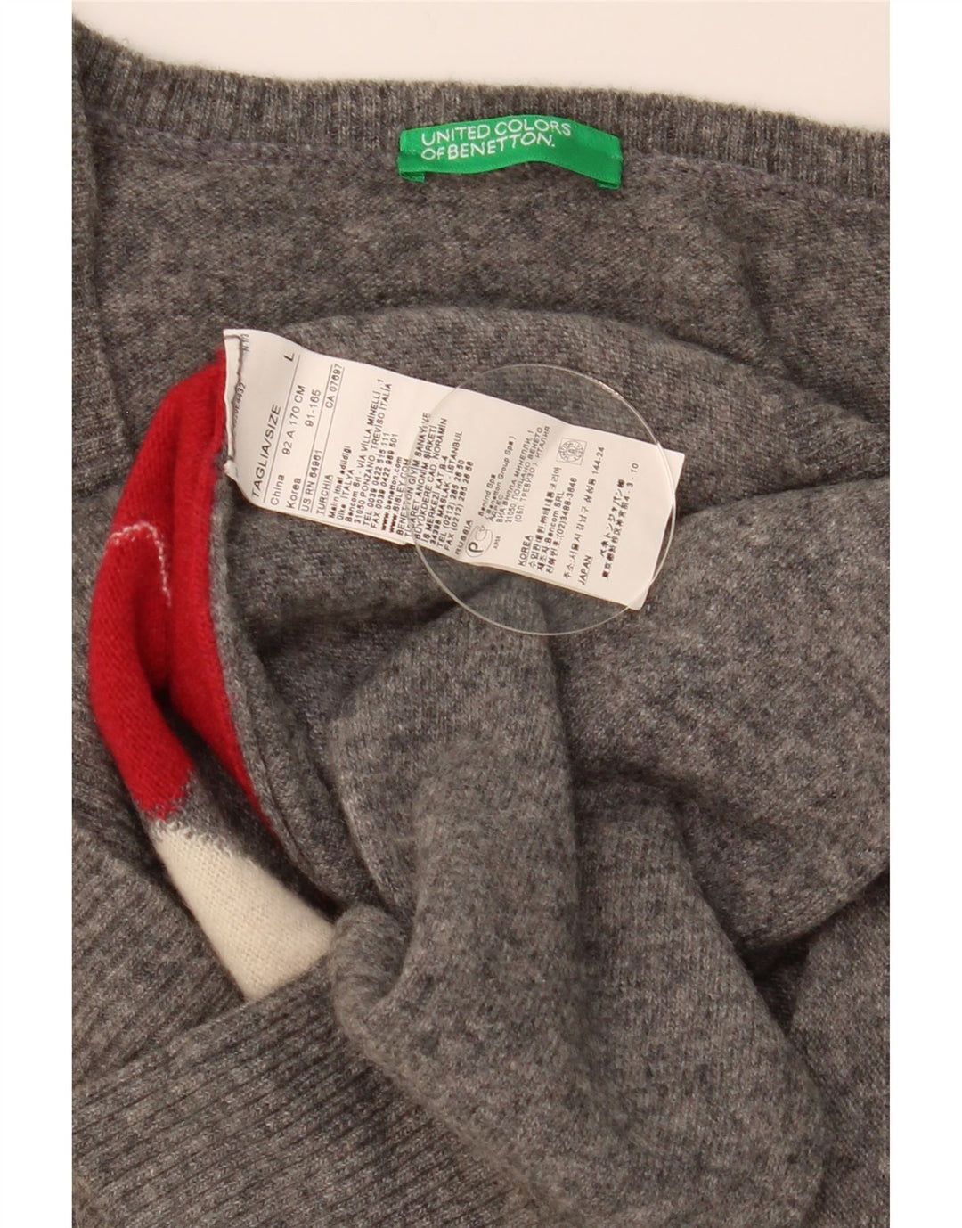 Benetton Dame V-hals sweater UK 14 Large Grey Argyle/Diamond Wool