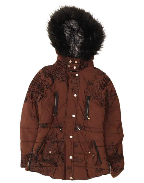 Desigual Dame Hætte Oversized Polstret Jakke EU 36 Small Brown Floral