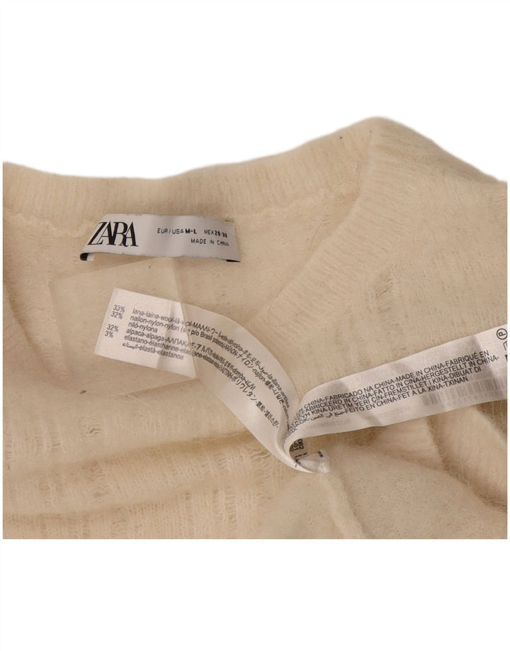Zara Dame Boat Neck Jumper Sweater UK 14 Medium White Wool