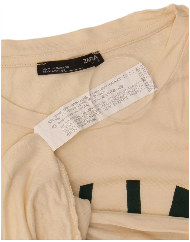 ZARA Grafisk T-shirt top til kvinder UK 14 Medium Off White Bomuld