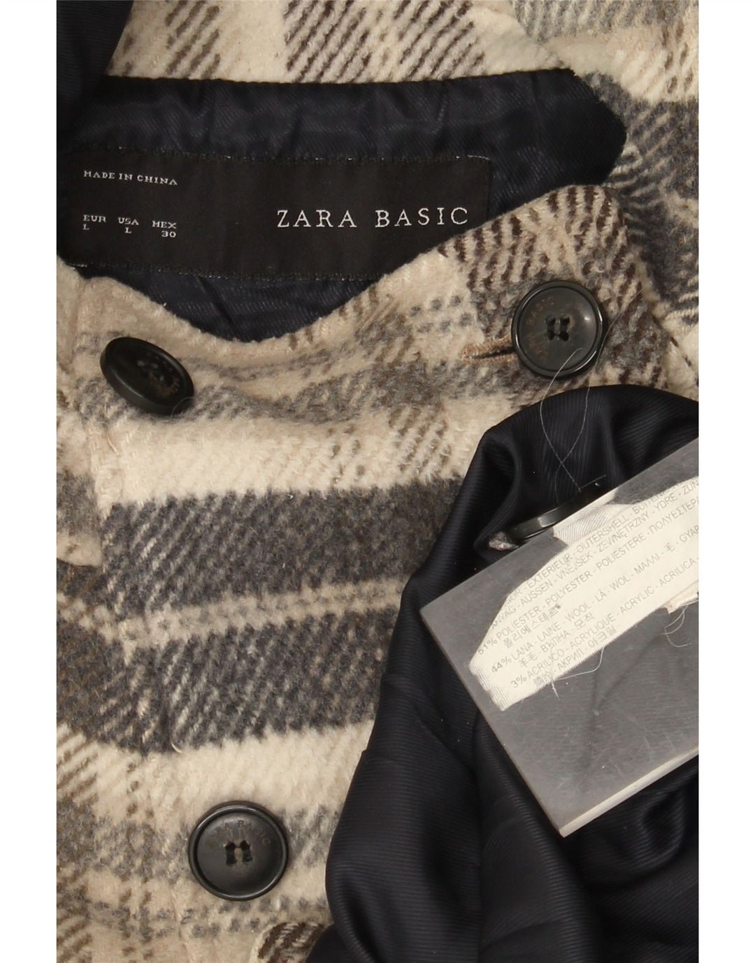 Zara Dame Kort Hætte Dobbeltradet Frakke UK 16 Stor Beige Plaid