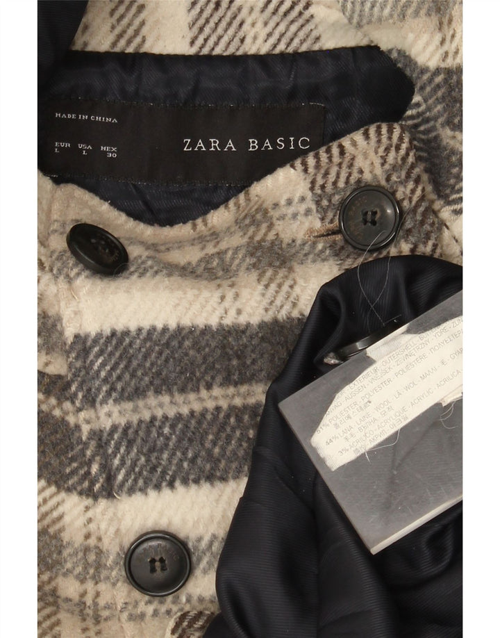 Zara Dame Kort Hætte Dobbeltradet Frakke UK 16 Stor Beige Plaid
