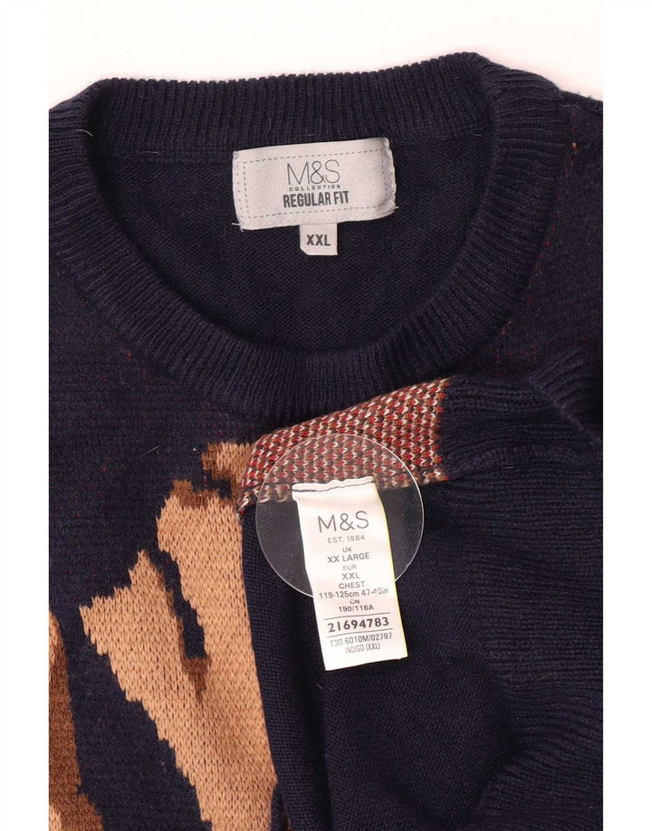 Marks & Spencer Herre Grafisk Crew Neck Jumper Sweater 2XL Navy Blue Christm