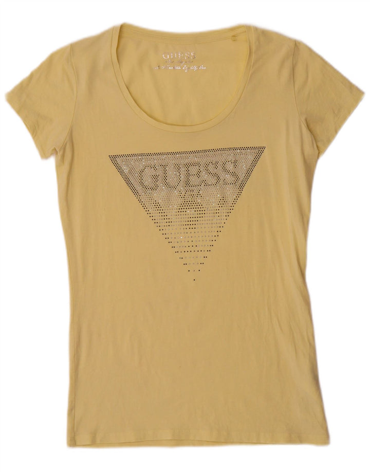 Guess Grafisk T-shirt top til kvinder UK 12 Medium gul bomuld