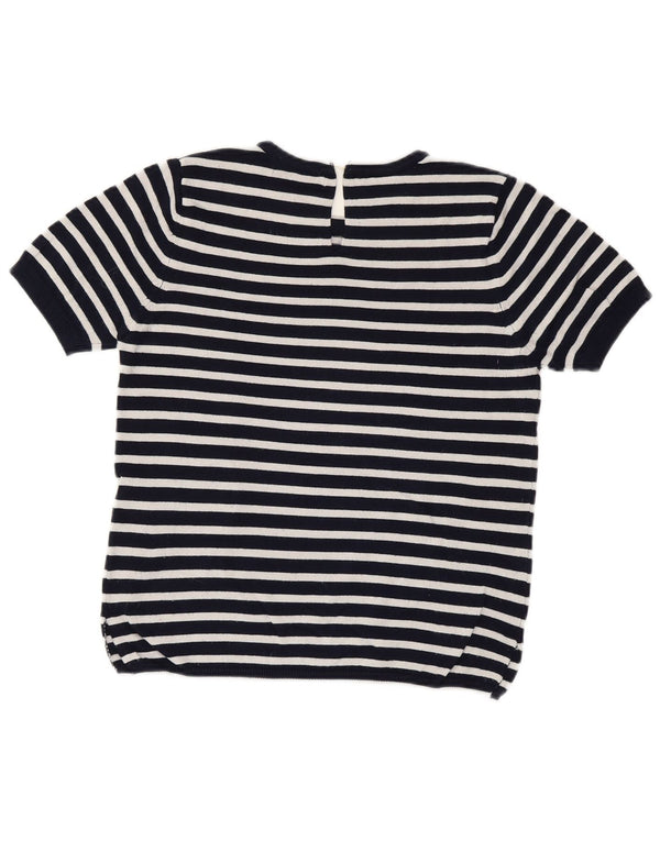 ZARA Womens Crop Crew Neck Jumper Sweater UK 10 Small Navy Blue Striped