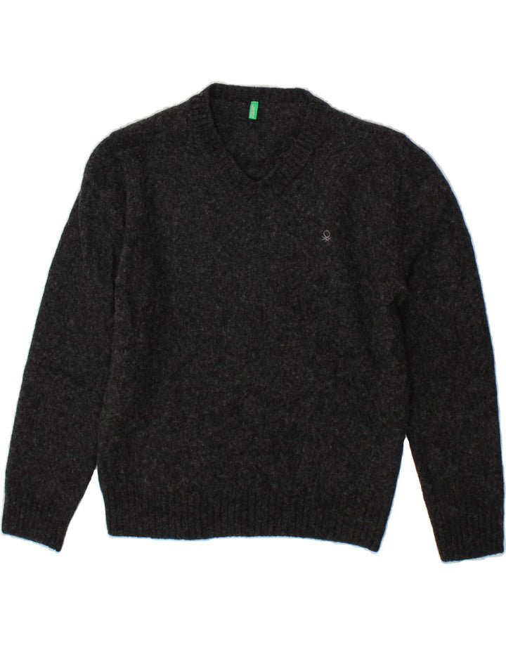 BENETTON Womens V-Neck Jumper Sweater UK 14 Large Grey Wool Vintage Benetton and Second-Hand Benetton from Messina Hembry 