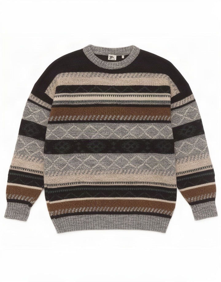 Vintage Herre Boat Neck Jumper Sweater Medium Flerfarvet Geometrisk