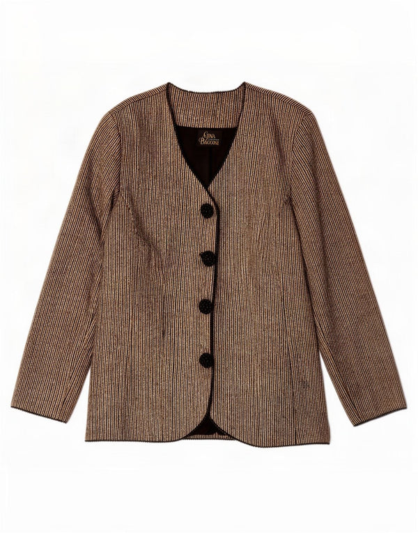 Gina Bacconi Dame 4 Button Blazer Jacket UK 16 Large Gold Nålestribet Silke