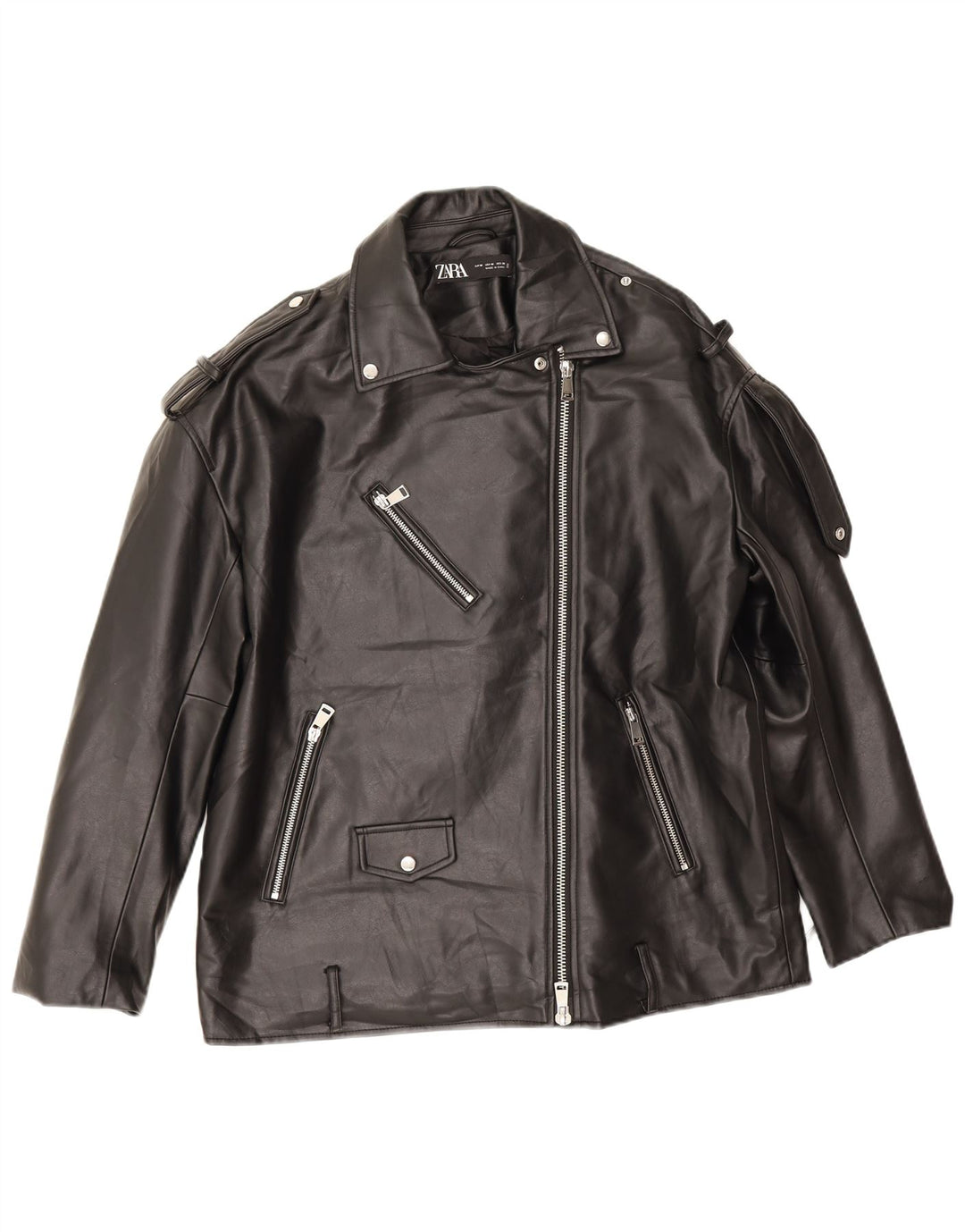 Zara Herre Oversized Biker-jakke i imiteret læder UK 14 Medium Sort Polyester