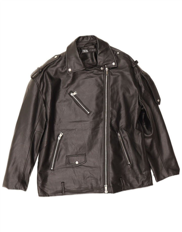 Zara Herre Oversized Biker-jakke i imiteret læder UK 14 Medium Sort Polyester