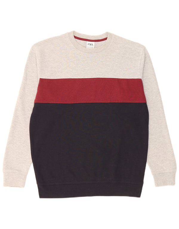 Zara Herre Sweatshirt Jumper Large Grå Colourblock Bomuld