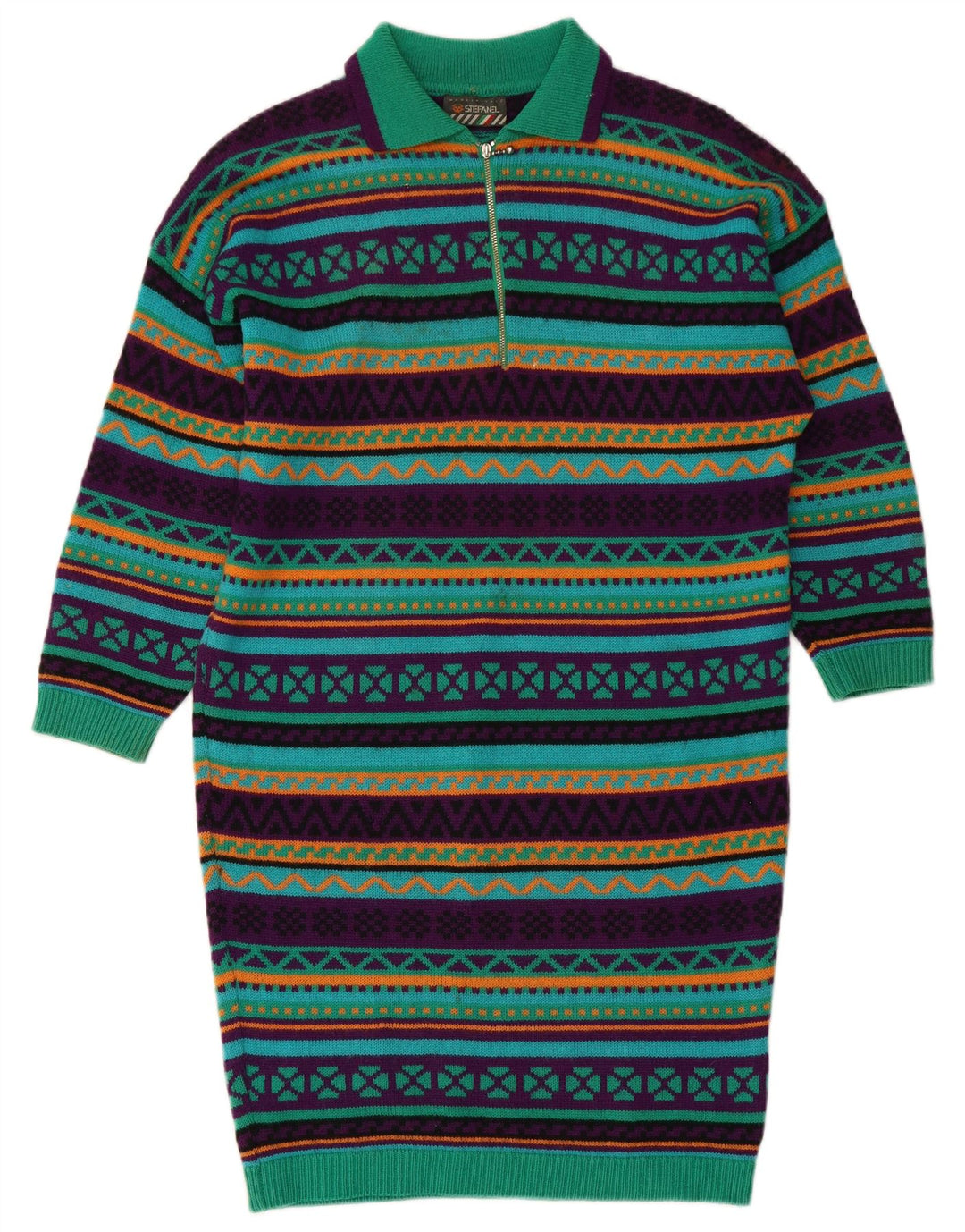 STEFANEL Damestrik langærmet polokjole UK 14 Medium Grøn Geometrisk