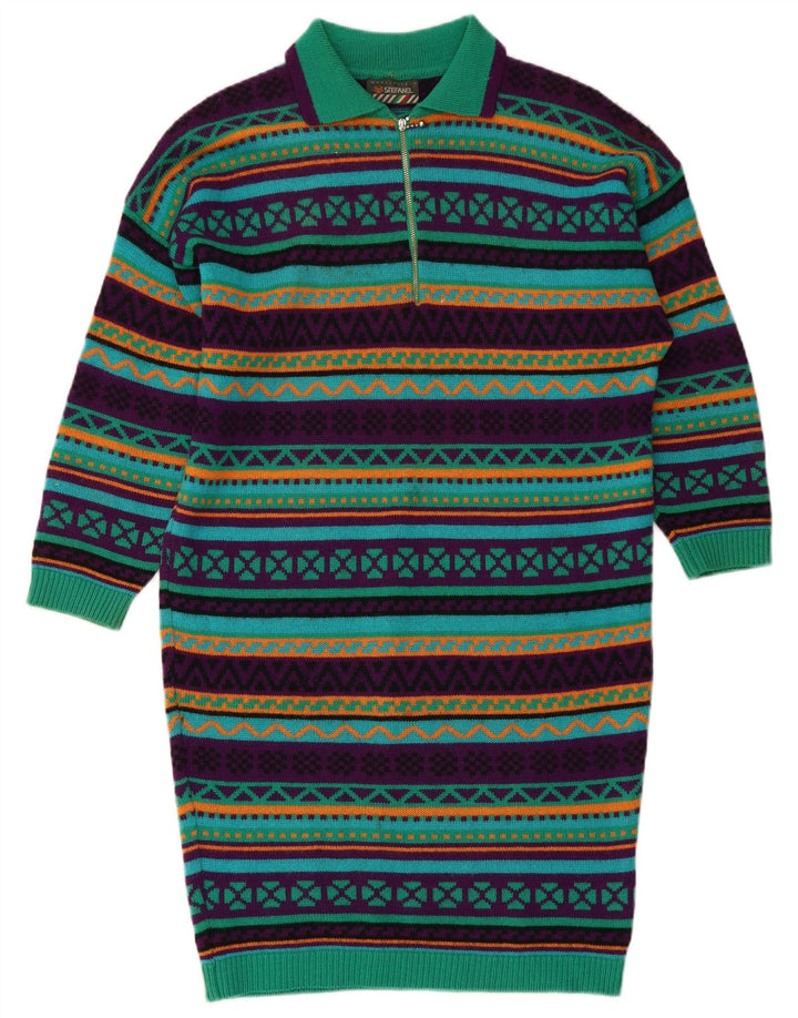 STEFANEL Damestrik langærmet polokjole UK 14 Medium Grøn Geometrisk