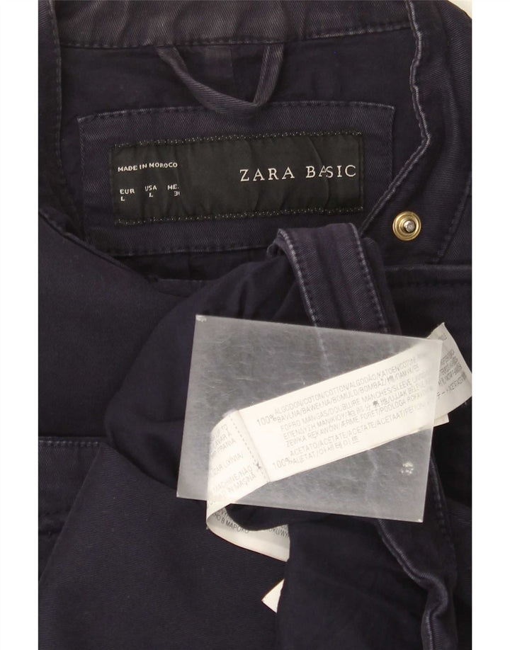 Zara Womens Crop Biker Jacket UK 14 Large Navy Blue Cotton