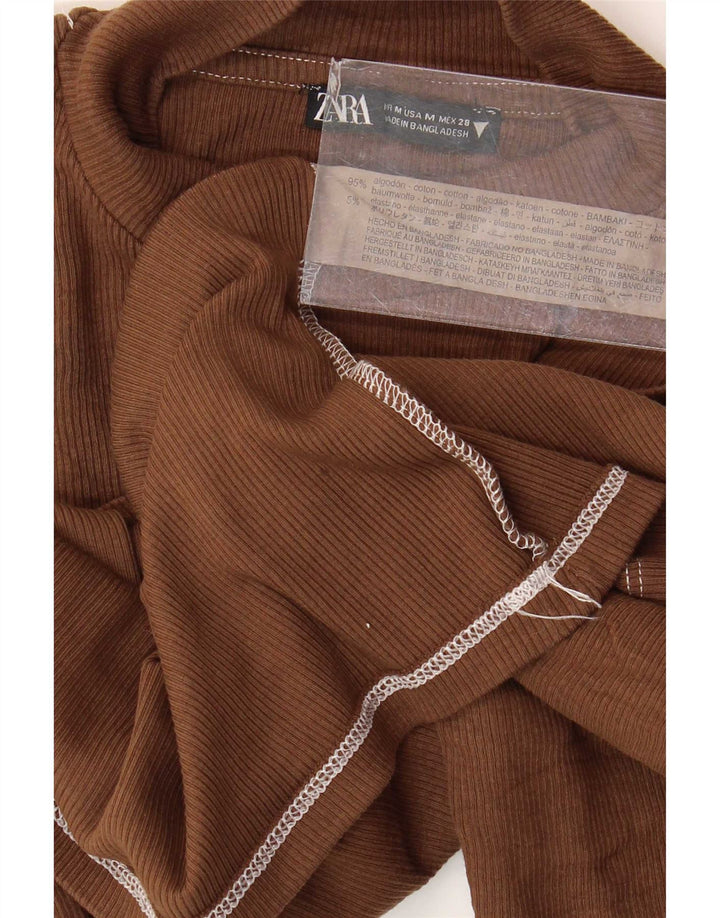 Zara Womens Crop Top 3/4 ærmer UK 12 Medium Brown Bomuld