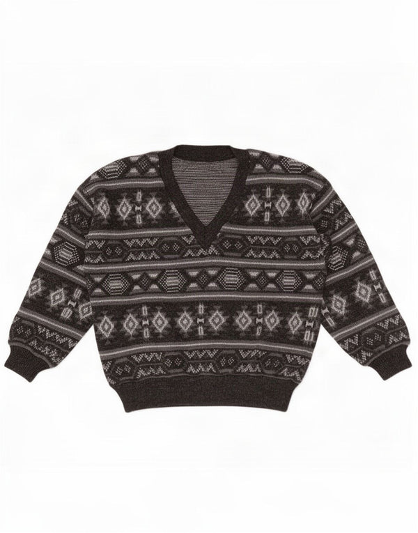 Vintage Herre V-hals sweater Large Grey Fair Isle