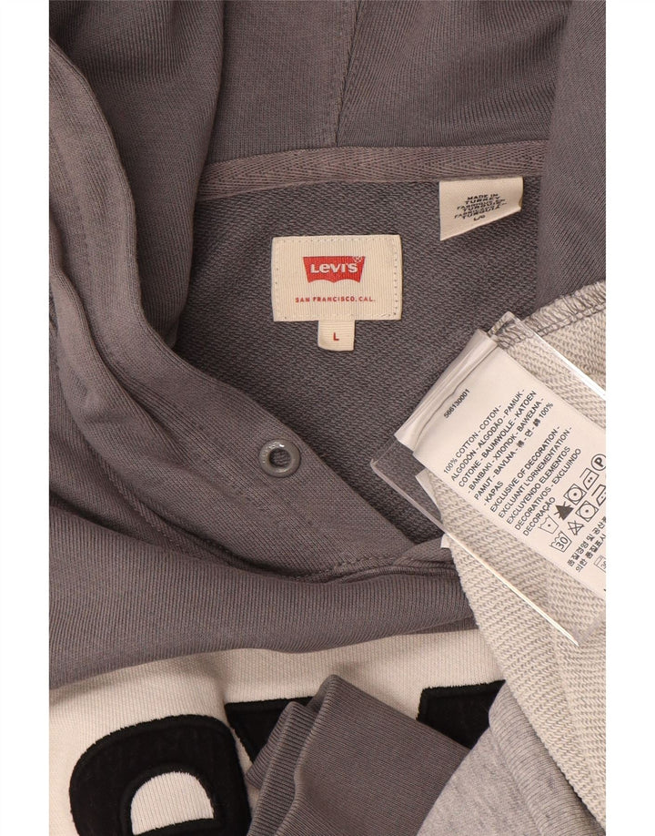 LEVI'S Mens Graphic Hoodie Jumper Large Grey Colourblock Cotton