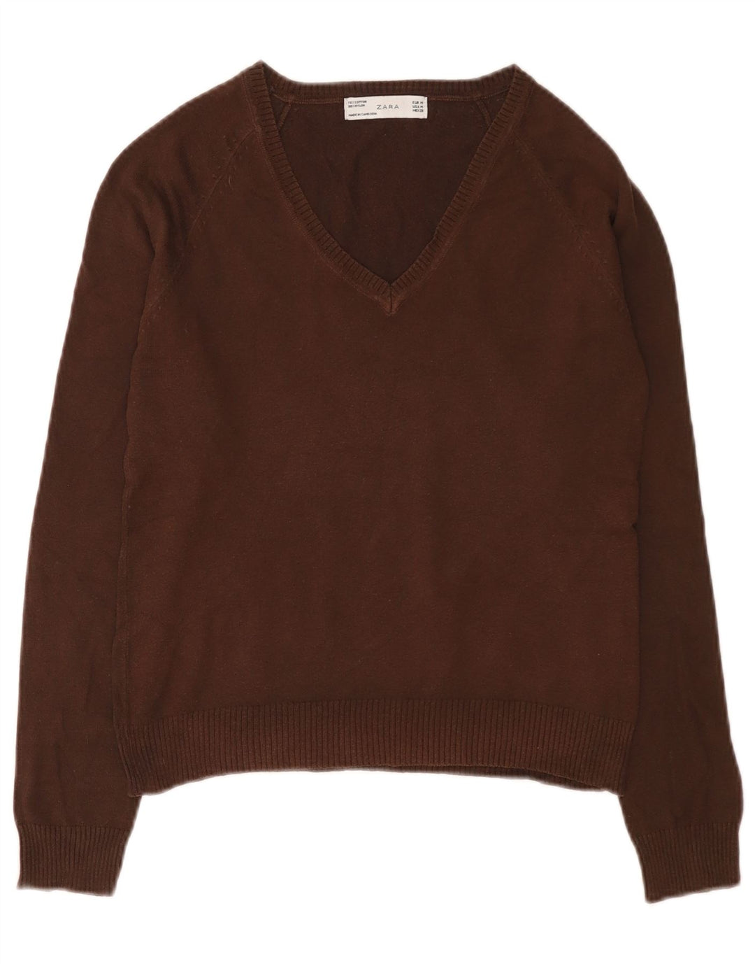 Zara Dame V-hals sweater UK 12 Medium Brun Bomuld