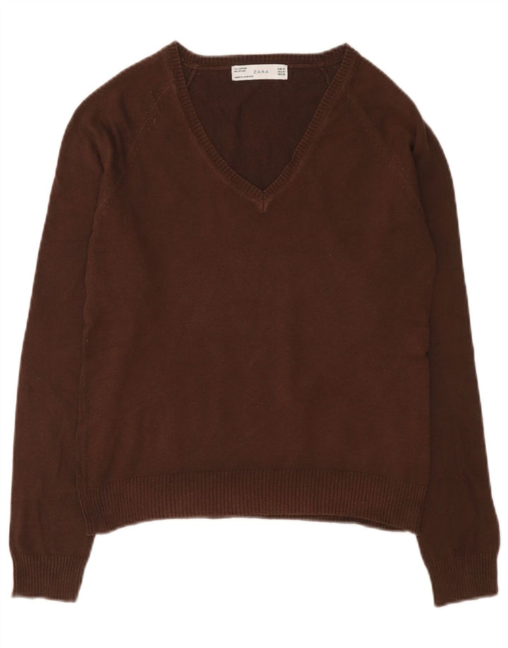 Zara Dame V-hals sweater UK 12 Medium Brun Bomuld