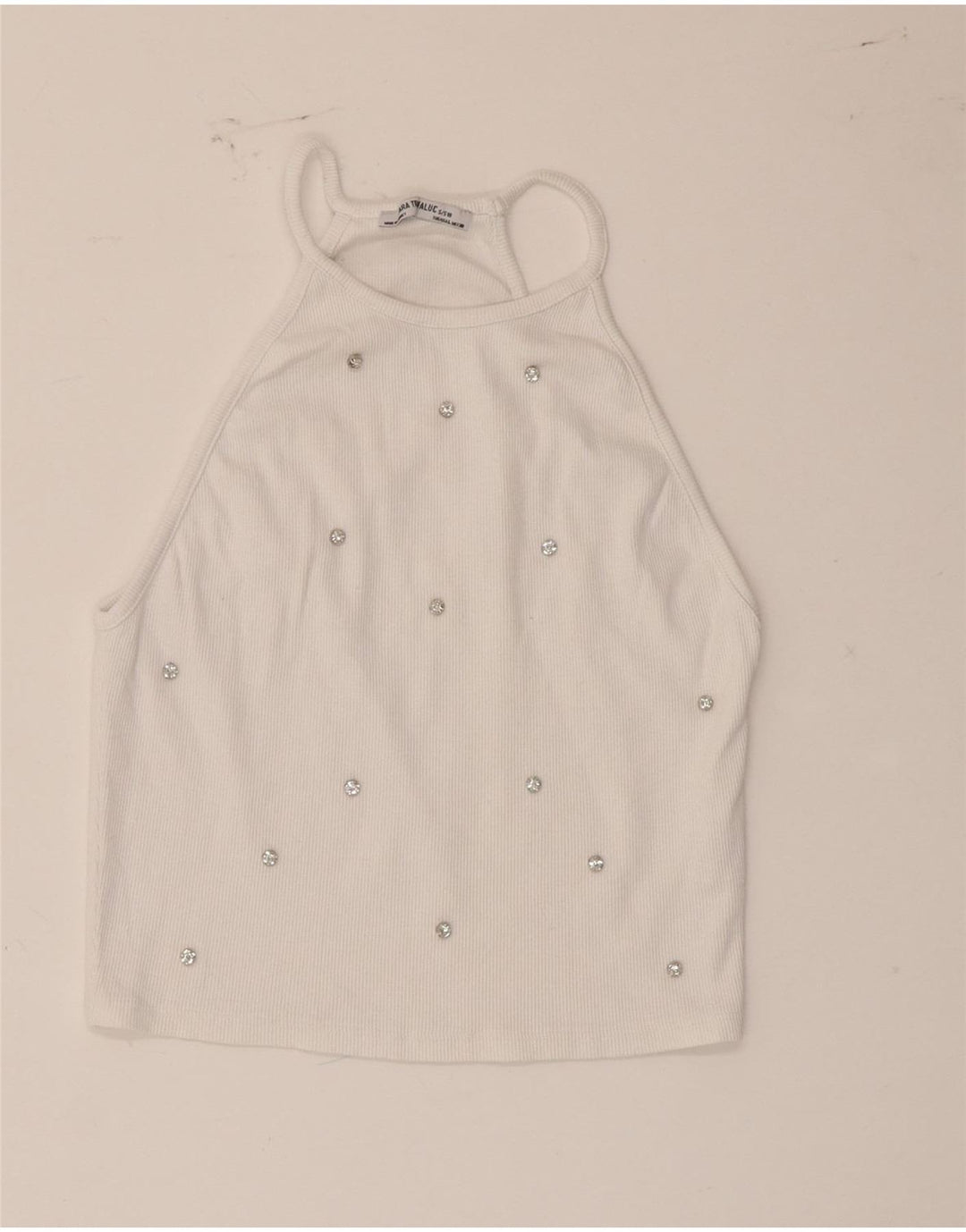 Zara Womens Crop Halter Top UK 14 Stor hvid plettet bomuld