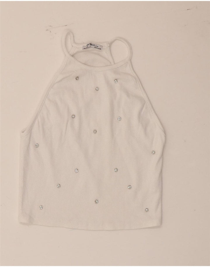 Zara Womens Crop Halter Top UK 14 Stor hvid plettet bomuld