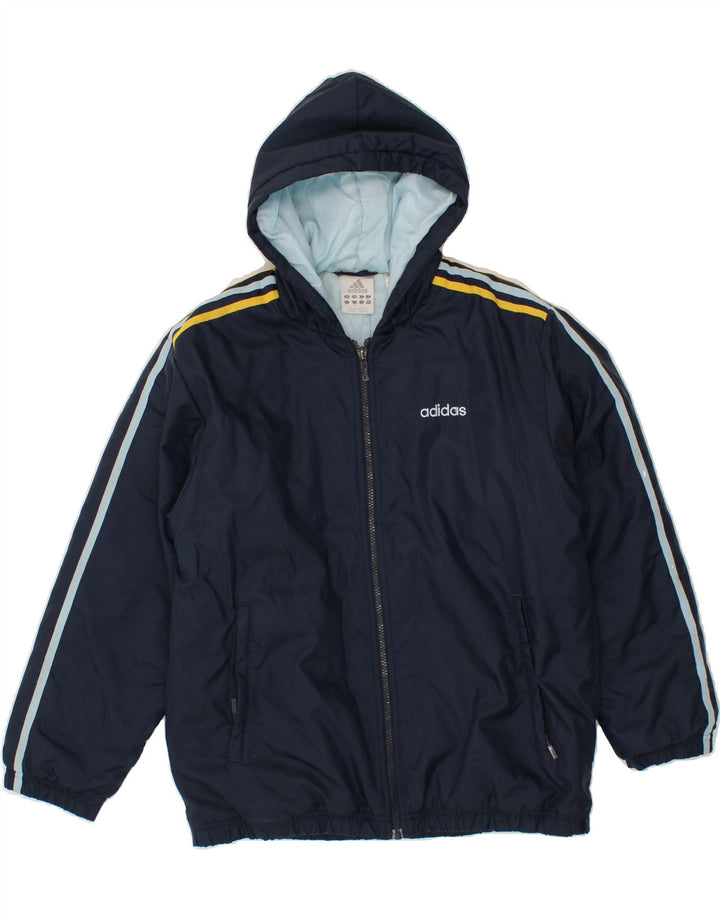 ADIDAS Boys Hooded Windbreaker Jacket 13-14 Years Navy Blue Polyester Vintage Adidas and Second-Hand Adidas from Messina Hembry 