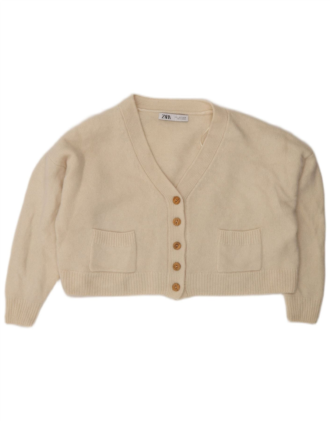 Zara Womens Crop Oversized cardigan sweater UK 10 Small Beige Uld